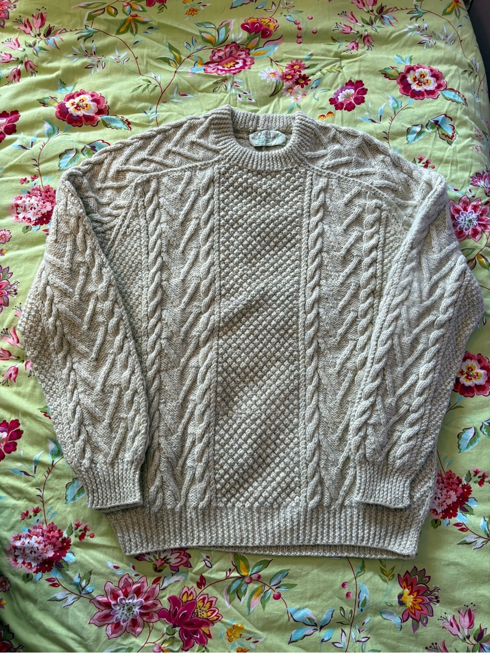 Quills Woolen Market Vtg 100% Irish Wool Fisherman Cable Knit Sweater 29”x24” EC